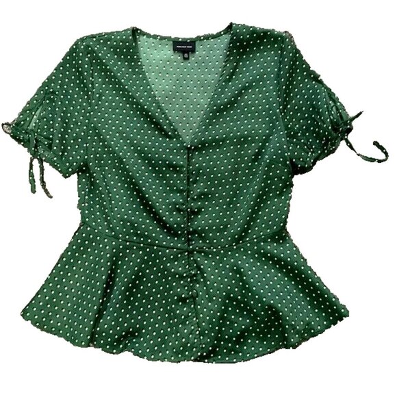 Who What Wear Sz M Shadow Green Polka Dot Tie Sleeve Button Peplum Womens Blouse - Picture 2 of 7